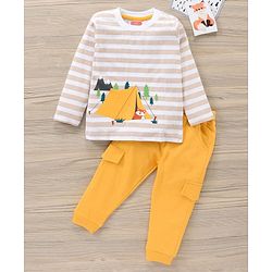 Babyhug Full Sleeves Striped Tee & Joggers Set Fox Print - White Orange