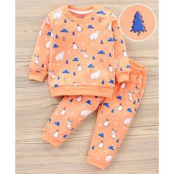 Babyhug Full Sleeves T-Shirt & Joggers Set Polar Bear & Reindeer Print - Orange