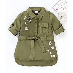 Babyhug 100% Full Sleeves 100% Rayon Twill Shirt Dress With Embroidery & Belt - Olive