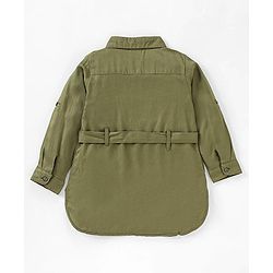 Babyhug 100% Full Sleeves 100% Rayon Twill Shirt Dress With Embroidery & Belt - Olive