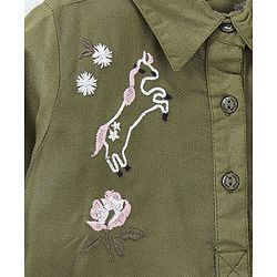 Babyhug 100% Full Sleeves 100% Rayon Twill Shirt Dress With Embroidery & Belt - Olive