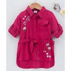 Babyhug Full Sleeves Embroideried Frock - Fuschia
