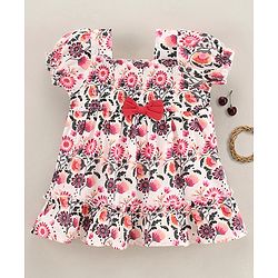 Babyhug Cotton Knit Puff Sleeves Frock Dress with Bow Applique Floral Print - White