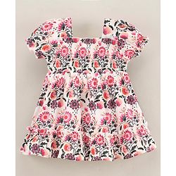 Babyhug Cotton Knit Puff Sleeves Frock Dress with Bow Applique Floral Print - White