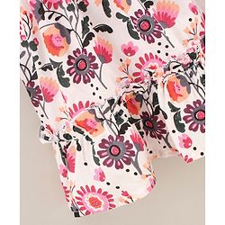 Babyhug Cotton Knit Puff Sleeves Frock Dress with Bow Applique Floral Print - White