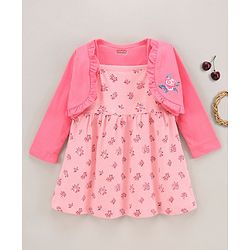 Babyhug Cotton Knit Sleeveless Frock Dress with Shrug Floral Print - Pink