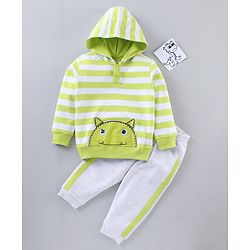 Babyhug Full Sleeves Hooded Striped T-Shirt & Joggers Set - Green White