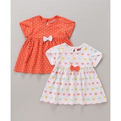 Babyhug 100% Cotton Knit Half Sleeves Frocks Polka Dots & Heart Print Pack of 2 - Coral &  White