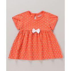 Babyhug 100% Cotton Knit Half Sleeves Frocks Polka Dots & Heart Print Pack of 2 - Coral &  White