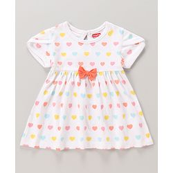 Babyhug 100% Cotton Knit Half Sleeves Frocks Polka Dots & Heart Print Pack of 2 - Coral &  White