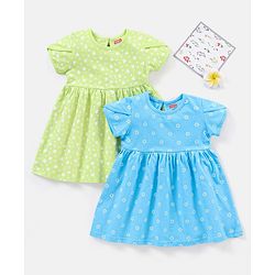 Babyhug 100% Cotton Half Sleeves Frocks Floral Print Pack of 2 - Green Blue