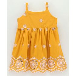 Babyhug Singlet Sleeves 100% Cotton Frock Floral Embroidered - Mustard