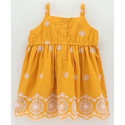 Babyhug Singlet Sleeves 100% Cotton Frock Floral Embroidered - Mustard