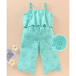 Babyhug 100% Cotton Singlet Sleeves Schiffli Solid Color Jumpsuit - Mint