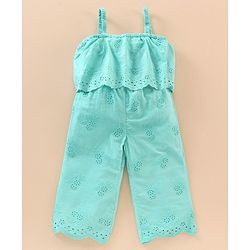 Babyhug 100% Cotton Singlet Sleeves Schiffli Solid Color Jumpsuit - Mint