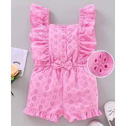 Babyhug 100% Cotton Sleeveless Solid Color Embroidered Jumpsuit With Bow Applique - Pink
