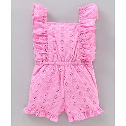 Babyhug 100% Cotton Sleeveless Solid Color Embroidered Jumpsuit With Bow Applique - Pink