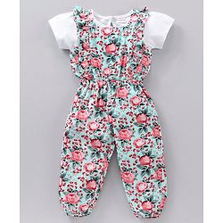 Babyhug Rayon Sleeveless Jumpsuit with Half Sleeves Inner Tee Floral Print - Light Green White