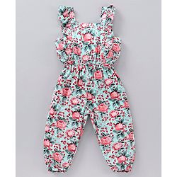 Babyhug Rayon Sleeveless Jumpsuit with Half Sleeves Inner Tee Floral Print - Light Green White