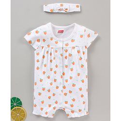 Babyhug 100% Cotton Short Cap Sleeves Printed Rompers With Headband - White