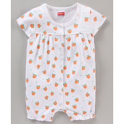 Babyhug 100% Cotton Short Cap Sleeves Printed Rompers With Headband - White