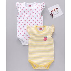 Babyhug 100% Cotton Frill Sleeves Onesies Stripes & Strawberry Print Pack of 2- Yellow & White