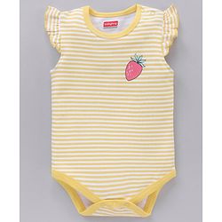 Babyhug 100% Cotton Frill Sleeves Onesies Stripes & Strawberry Print Pack of 2- Yellow & White