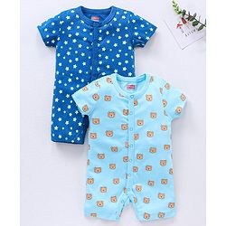 Babyhug 100% Cotton Knit Romper Pack of 2 Bear and Star Print - Navy Blue
