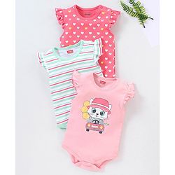 Babyhug 100% Cotton Knit Frill Sleeves Onesie Stripes & Heart Print Pack of 3 - Pink & Blue