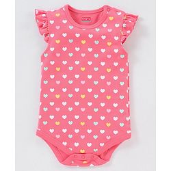 Babyhug 100% Cotton Knit Frill Sleeves Onesie Stripes & Heart Print Pack of 3 - Pink & Blue