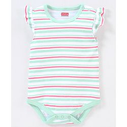 Babyhug 100% Cotton Knit Frill Sleeves Onesie Stripes & Heart Print Pack of 3 - Pink & Blue