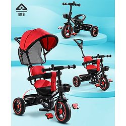 Babyhug  Plug & Play Stallion Tricycle with Parental Push Handle & Foldable Canopy - Red Black