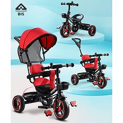 Babyhug Plug & Play Stallion Tricycle with Parental Push Handle & Foldable Canopy - Red Black| Foldable Footrest| Non Slip Pedal| High Backrest| Storage Basket| Removable Safety Rail| Cushion Seat