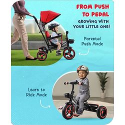 Babyhug  Plug & Play Stallion Tricycle with Parental Push Handle & Foldable Canopy - Red Black