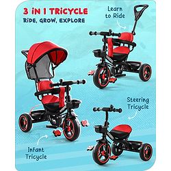 Babyhug  Plug & Play Stallion Tricycle with Parental Push Handle & Foldable Canopy - Red Black