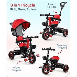 Babyhug Plug & Play Stallion Tricycle with Parental Push Handle & Foldable Canopy - Red Black| Foldable Footrest| Non Slip Pedal| High Backrest| Storage Basket| Removable Safety Rail| Cushion Seat