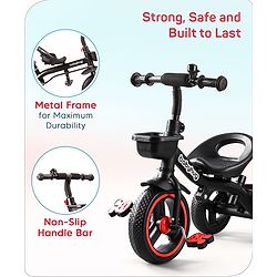 Babyhug Plug & Play Stallion Tricycle with Parental Push Handle & Foldable Canopy - Red Black| Foldable Footrest| Non Slip Pedal| High Backrest| Storage Basket| Removable Safety Rail| Cushion Seat