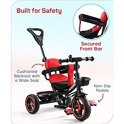 Babyhug Plug & Play Stallion Tricycle with Parental Push Handle & Foldable Canopy - Red Black| Foldable Footrest| Non Slip Pedal| High Backrest| Storage Basket| Removable Safety Rail| Cushion Seat