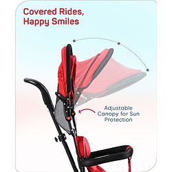 Babyhug Plug & Play Stallion Tricycle with Parental Push Handle & Foldable Canopy - Red Black| Foldable Footrest| Non Slip Pedal| High Backrest| Storage Basket| Removable Safety Rail| Cushion Seat
