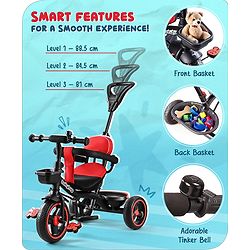 Babyhug  Plug & Play Stallion Tricycle with Parental Push Handle & Foldable Canopy - Red Black
