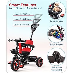 Babyhug Plug & Play Stallion Tricycle with Parental Push Handle & Foldable Canopy - Red Black| Foldable Footrest| Non Slip Pedal| High Backrest| Storage Basket| Removable Safety Rail| Cushion Seat