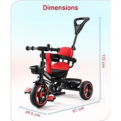 Babyhug Plug & Play Stallion Tricycle with Parental Push Handle & Foldable Canopy - Red Black| Foldable Footrest| Non Slip Pedal| High Backrest| Storage Basket| Removable Safety Rail| Cushion Seat