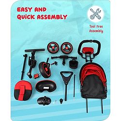 Babyhug  Plug & Play Stallion Tricycle with Parental Push Handle & Foldable Canopy - Red Black