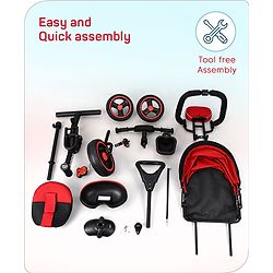 Babyhug Plug & Play Stallion Tricycle with Parental Push Handle & Foldable Canopy - Red Black| Foldable Footrest| Non Slip Pedal| High Backrest| Storage Basket| Removable Safety Rail| Cushion Seat