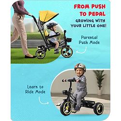 Babyhug  Plug & Play Stallion Tricycle with Parental Push Handle & Foldable Canopy - Yellow Black