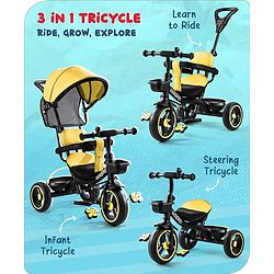 Babyhug  Plug & Play Stallion Tricycle with Parental Push Handle & Foldable Canopy - Yellow Black