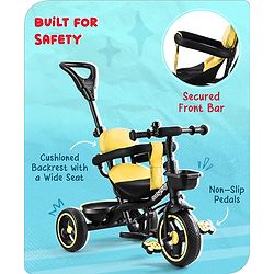 Babyhug  Plug & Play Stallion Tricycle with Parental Push Handle & Foldable Canopy - Yellow Black