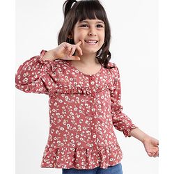 Babyhug Full Sleeves Rayon Top With Floral Print And Frill Detailing- Brown