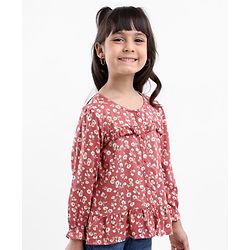 Babyhug Full Sleeves Rayon Top With Floral Print And Frill Detailing- Brown