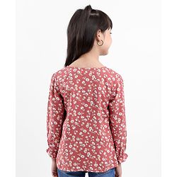 Babyhug Full Sleeves Rayon Top With Floral Print And Frill Detailing- Brown